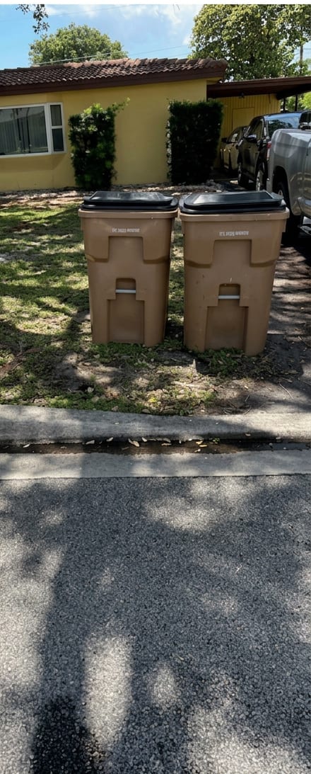 The same front lawn with only two clean, closed city bins left at the curb
