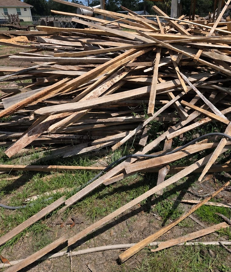An enormous pile of scrap lumber, old planks and construction debris covering the grass beside a pole barn