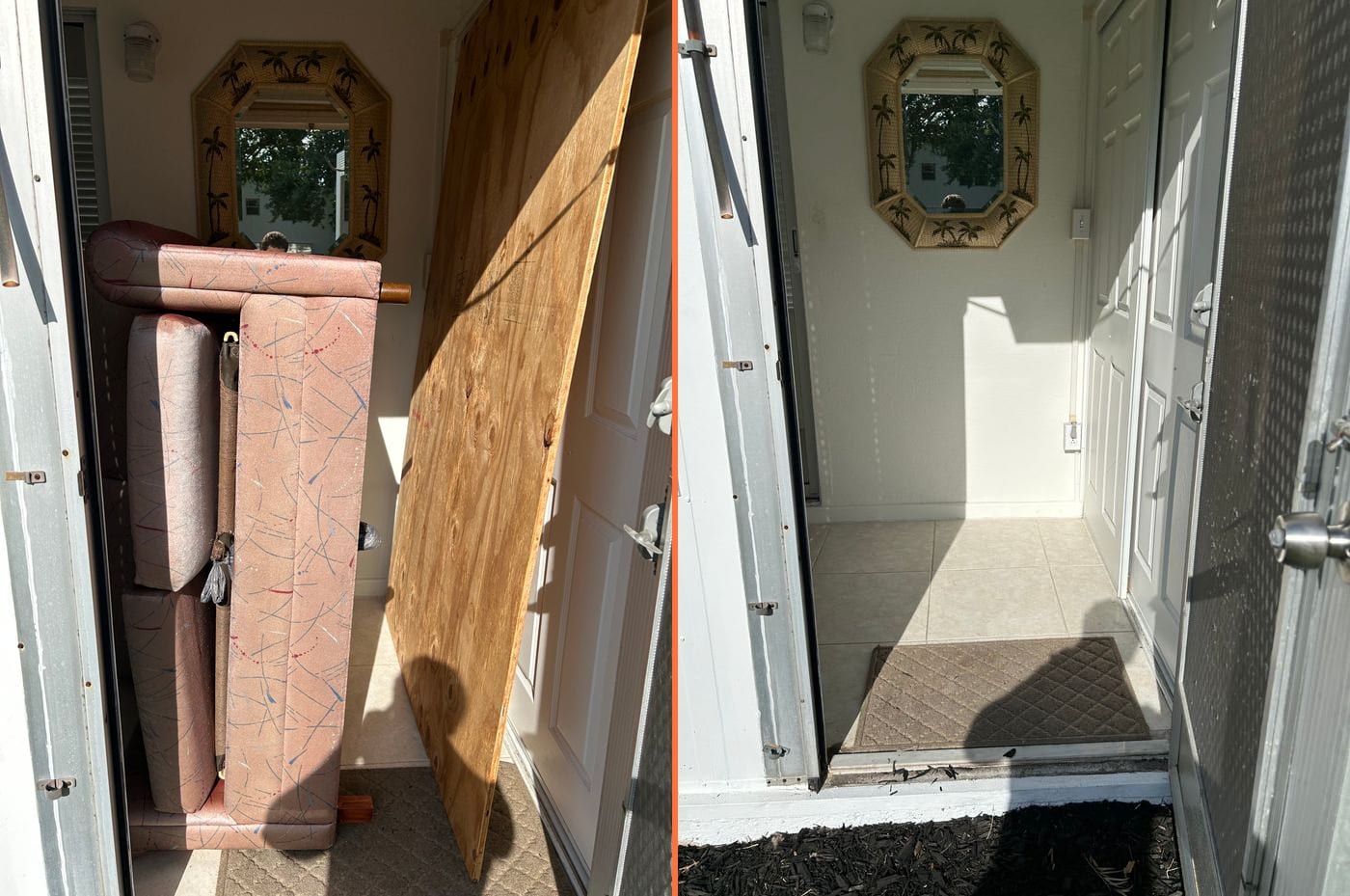 Before and after of a sofa removal. A sofa and a sheet of plywood block a front doorway, then the same doorway is clear.