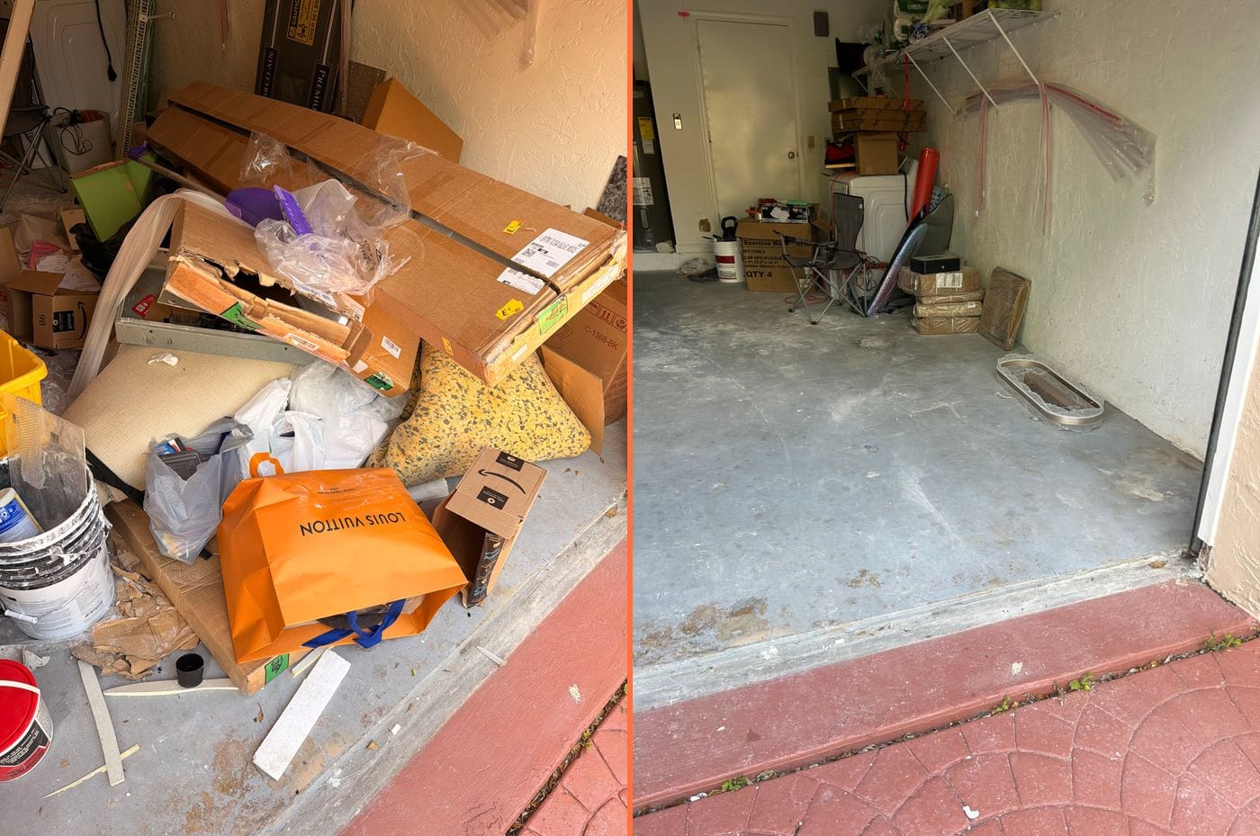 Before and after of a garage cleanout. A pile of boxes, bags and lumber spills out of the doorway, then the same garage is emptied to bare concrete.