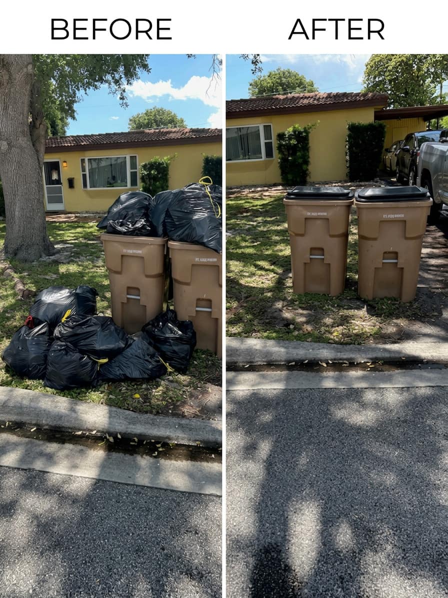 Before and after of a pile of household trash bags removed from the front yard of a South Florida home, leaving only the two city bins