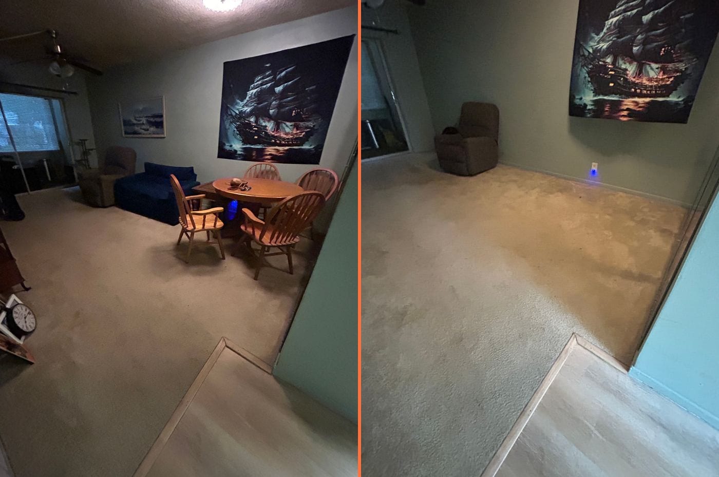 Before and after of a living room clearout. A sofa, dining table and four chairs are removed, leaving open carpet.