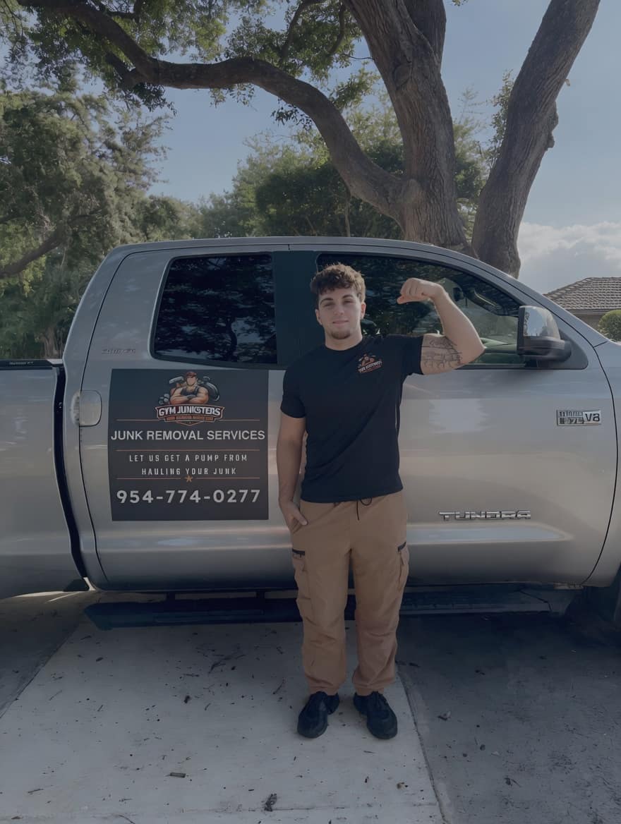 Johnny, founder of Gym Junksters, flexing beside the company junk removal truck